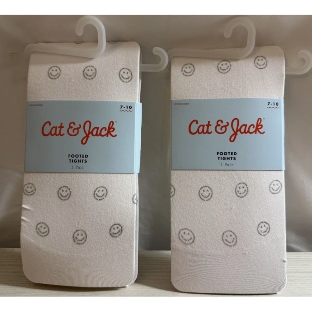 Cat & Jack Girls Footed Tights White Silver Glitter Smiley Face Size 7-10 2 Pack